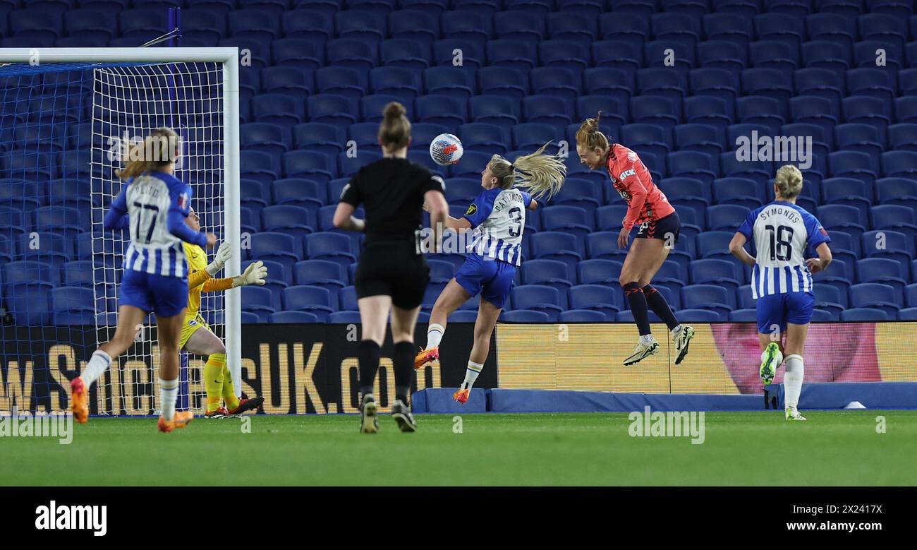 Brighton, UK. 19th Apr, 2024. Everton's Karen Holmgaard heads in the opening goal during the Women's Super League match between Brighton & Hove `Albion and Everton at the American Express Stadium. Credit: James Boardman/Alamy Live News Stock Photo